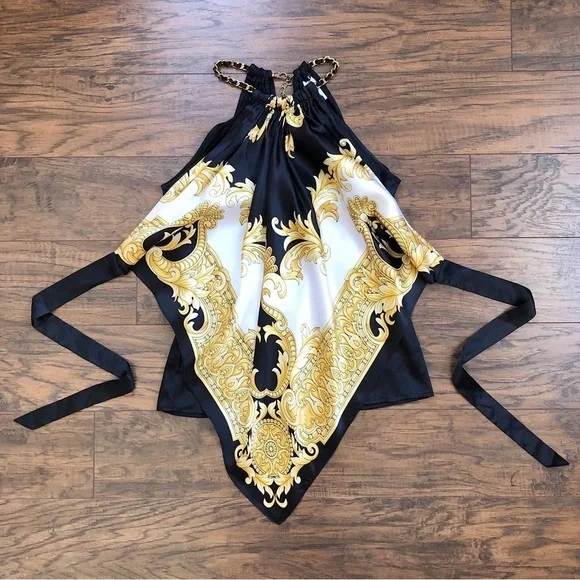 Cache • vintage silk scarf top halter neck chain black white gold versace - Picture 2 of 12